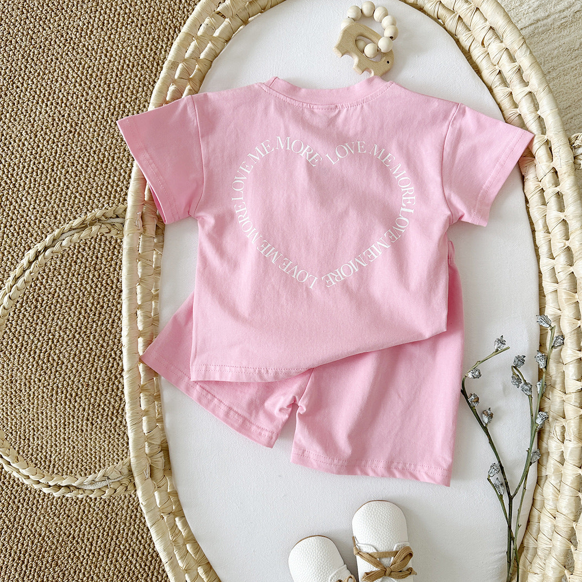 Heart Printing Short Sleeve Suit Korean Style Baby Boys' and Girls' Clothing Two-Piece Set