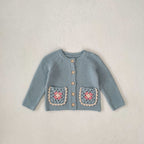 Baby Girl round Collar Sweater Cardigan Hand Crochet Hollow Flower Pocket Coat