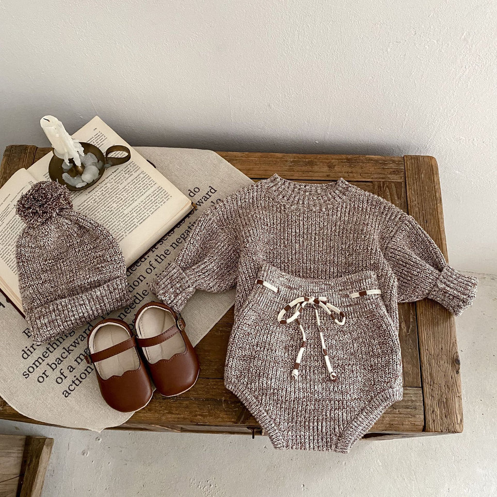 Infant Baby Girl Mixed Color Thick Needle Pullover Pants Pullover Fur Ball Knitted Hat 3-Piece Set