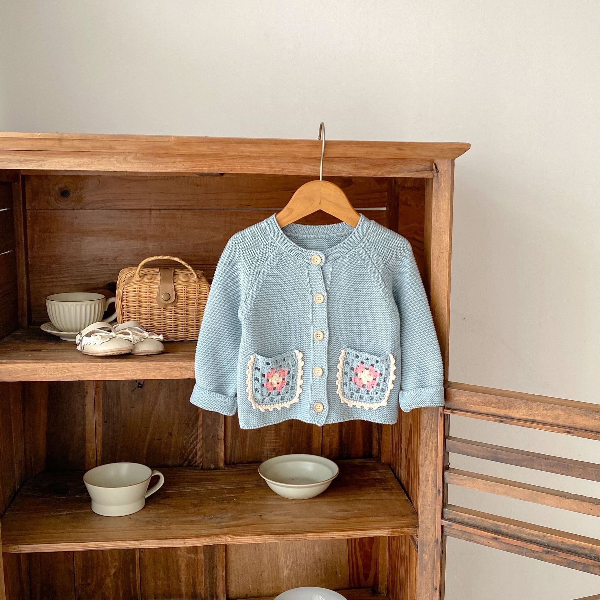 Baby Girl round Collar Sweater Cardigan Hand Crochet Hollow Flower Pocket Coat