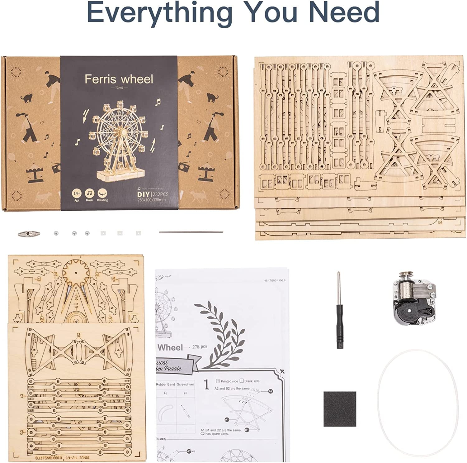 Robotime DIY Wooden Rotatable Ferris Wheel Model with Playing Music Toys for Children Birthday TGN01