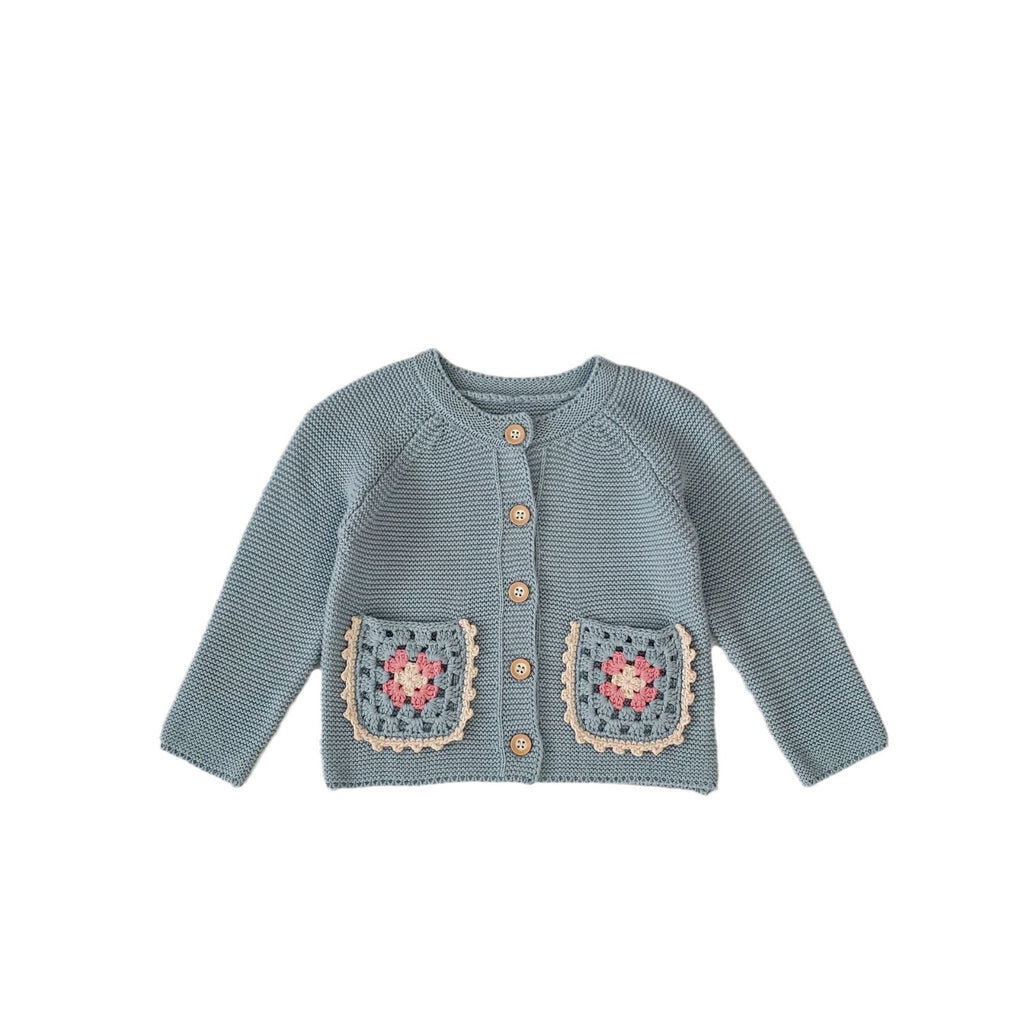Baby Girl round Collar Sweater Cardigan Hand Crochet Hollow Flower Pocket Coat