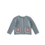 Baby Girl round Collar Sweater Cardigan Hand Crochet Hollow Flower Pocket Coat