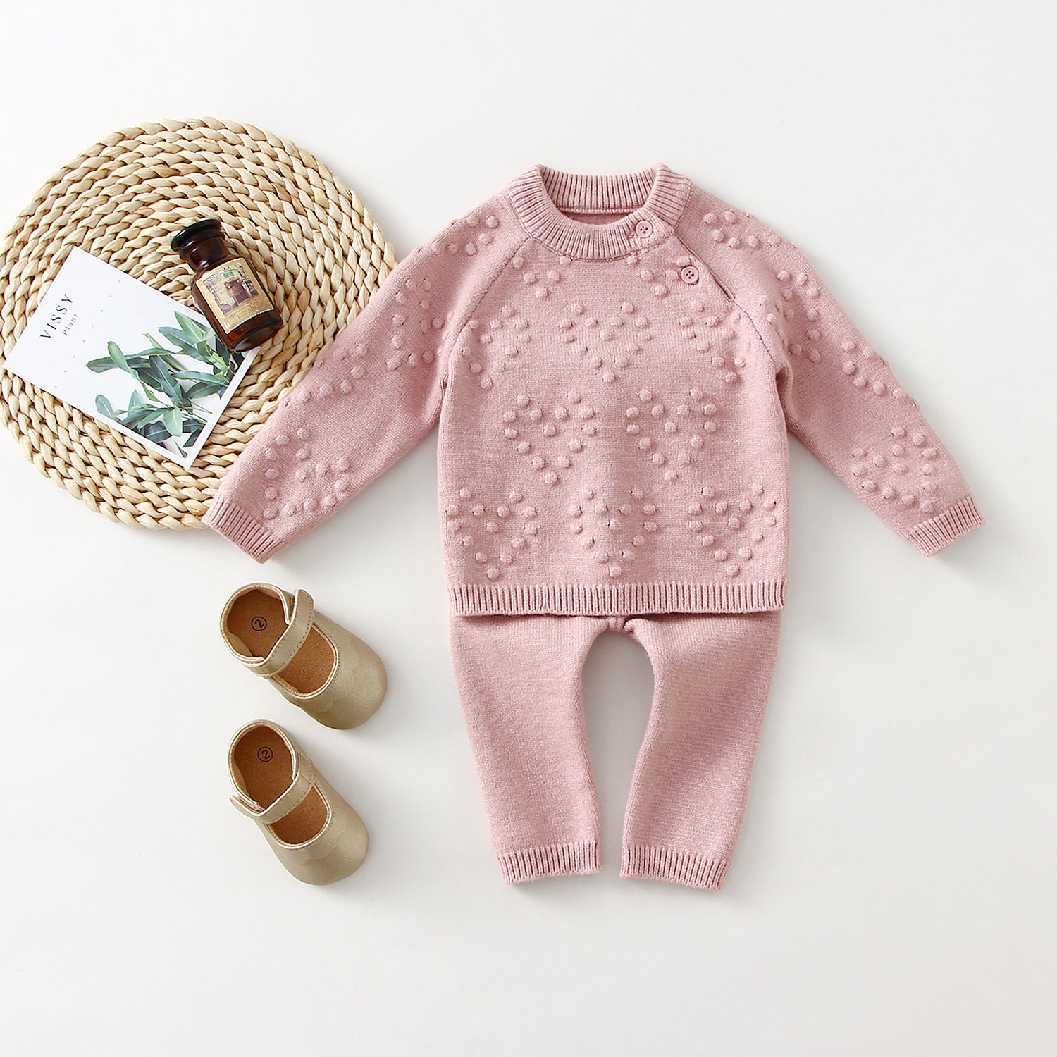 Children'S Knitted Love Solid Color Sweater and Pants Set