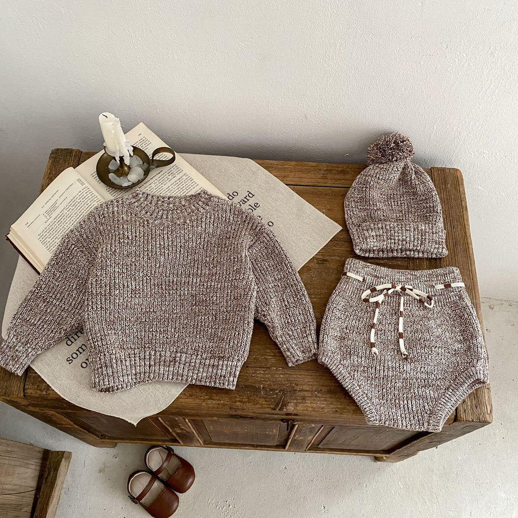 Infant Baby Girl Mixed Color Thick Needle Pullover Pants Pullover Fur Ball Knitted Hat 3-Piece Set