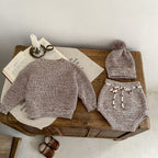 Infant Baby Girl Mixed Color Thick Needle Pullover Pants Pullover Fur Ball Knitted Hat 3-Piece Set
