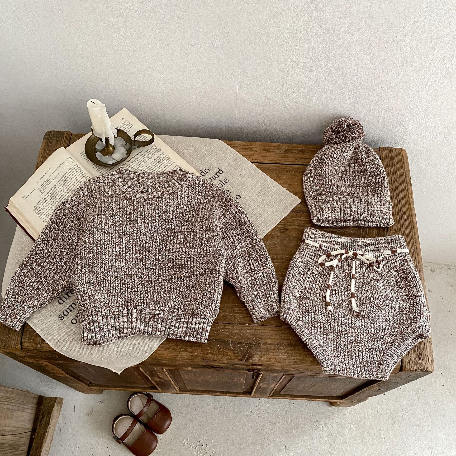 Infant Baby Girl Mixed Color Thick Needle Pullover Pants Pullover Fur Ball Knitted Hat 3-Piece Set