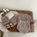 Infant Baby Girl Mixed Color Thick Needle Pullover Pants Pullover Fur Ball Knitted Hat 3-Piece Set