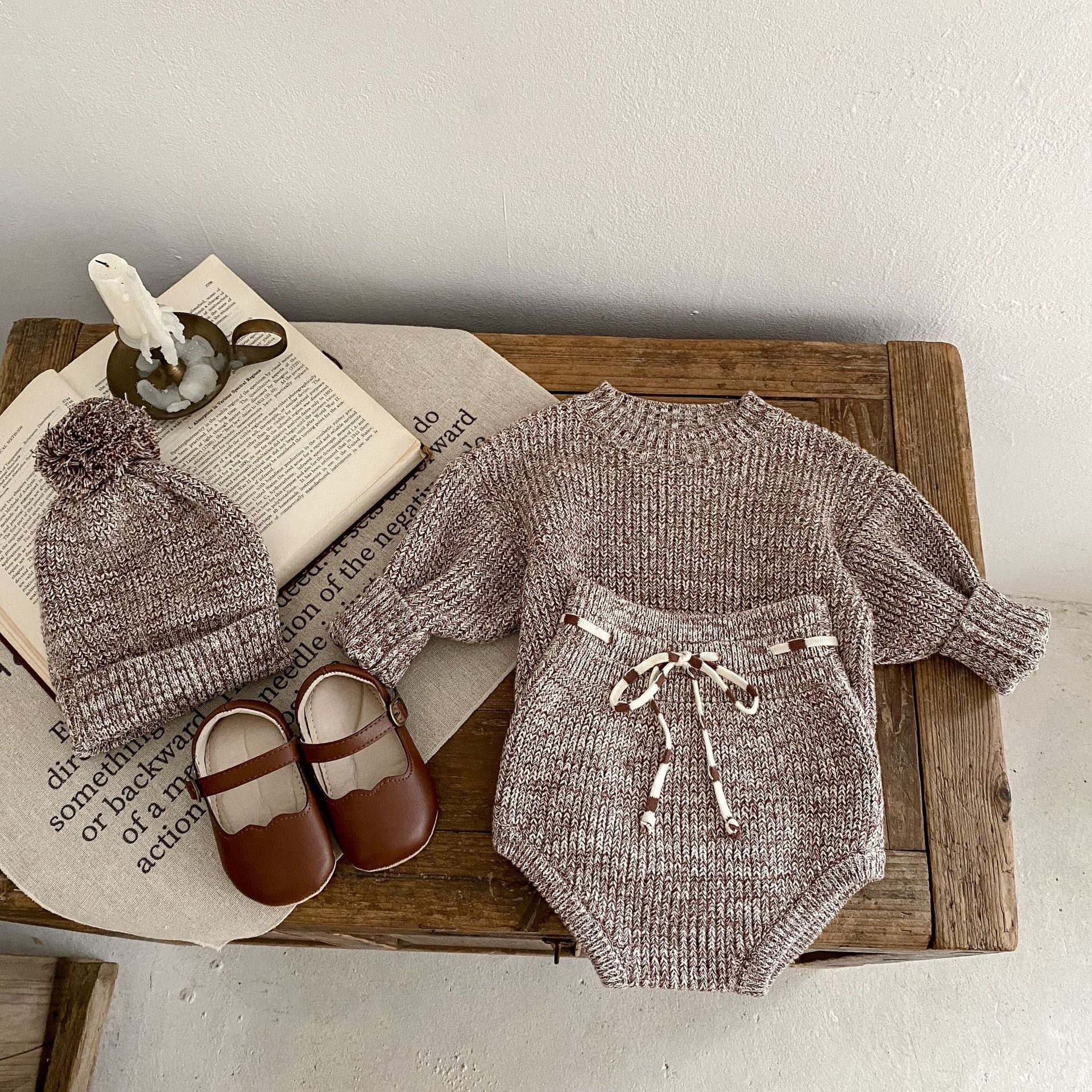Infant Baby Girl Mixed Color Thick Needle Pullover Pants Pullover Fur Ball Knitted Hat 3-Piece Set