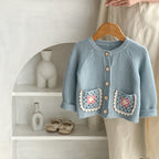 Baby Girl round Collar Sweater Cardigan Hand Crochet Hollow Flower Pocket Coat