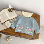 Baby Girl round Collar Sweater Cardigan Hand Crochet Hollow Flower Pocket Coat