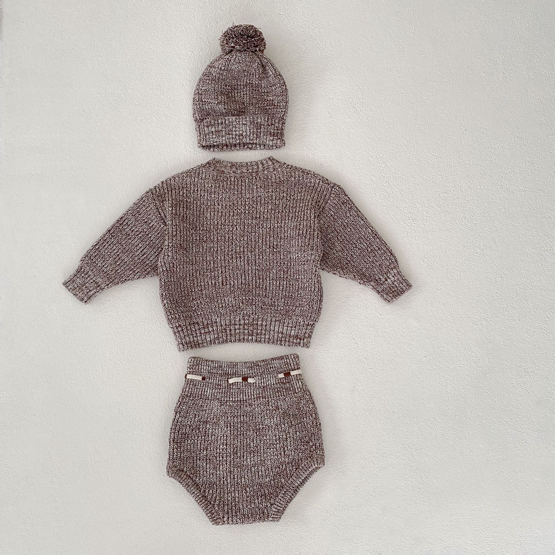 Infant Baby Girl Mixed Color Thick Needle Pullover Pants Pullover Fur Ball Knitted Hat 3-Piece Set