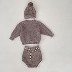 Infant Baby Girl Mixed Color Thick Needle Pullover Pants Pullover Fur Ball Knitted Hat 3-Piece Set