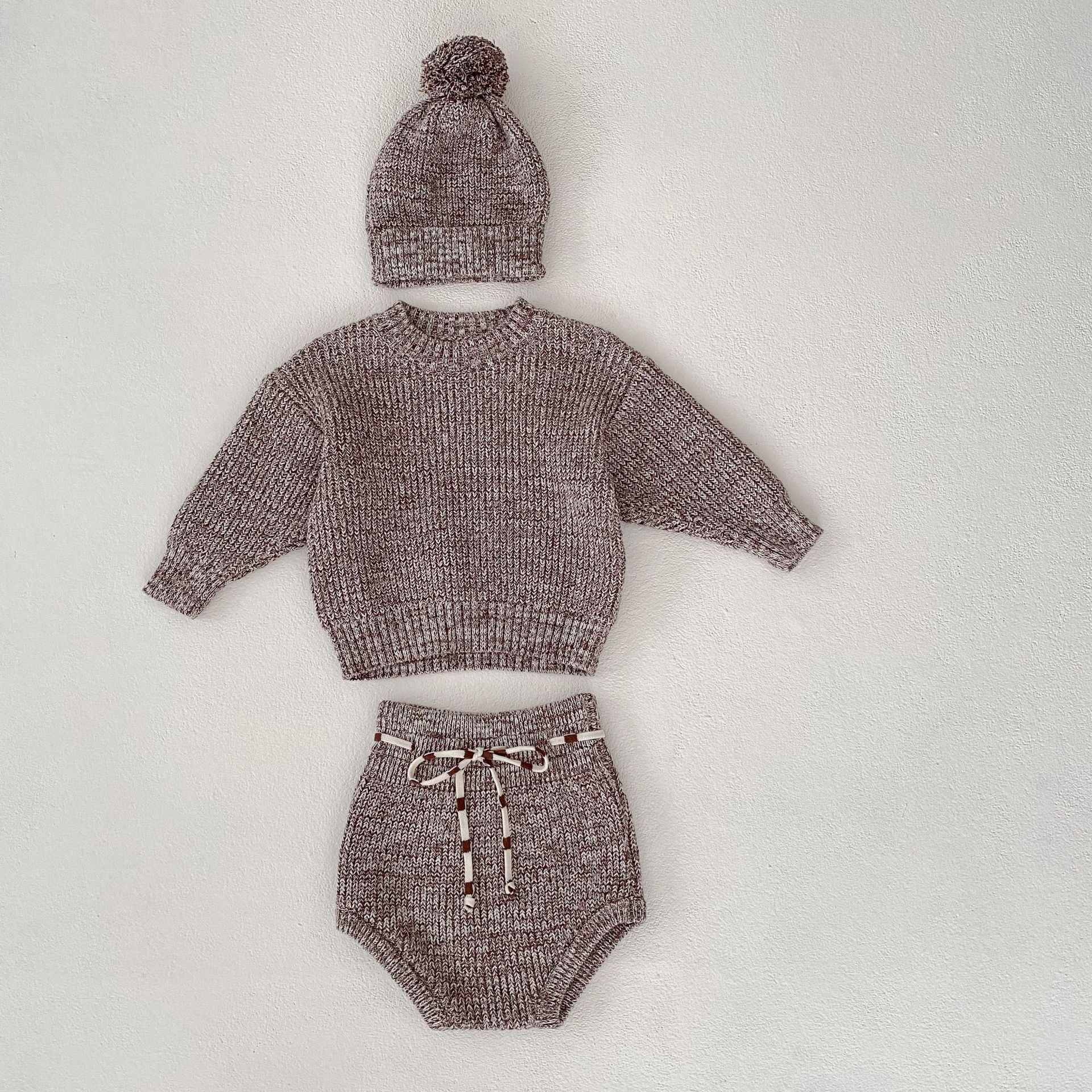 Infant Baby Girl Mixed Color Thick Needle Pullover Pants Pullover Fur Ball Knitted Hat 3-Piece Set
